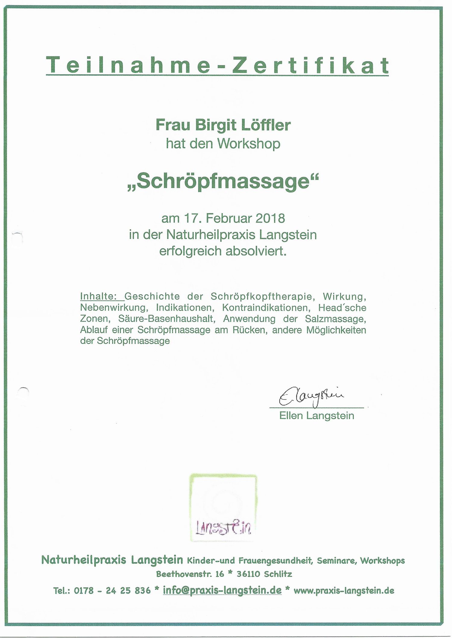 Zertifikat Schröpf - Zertifikate von Birgit Löffler Kosmetik und Wellness im Vogelsberg