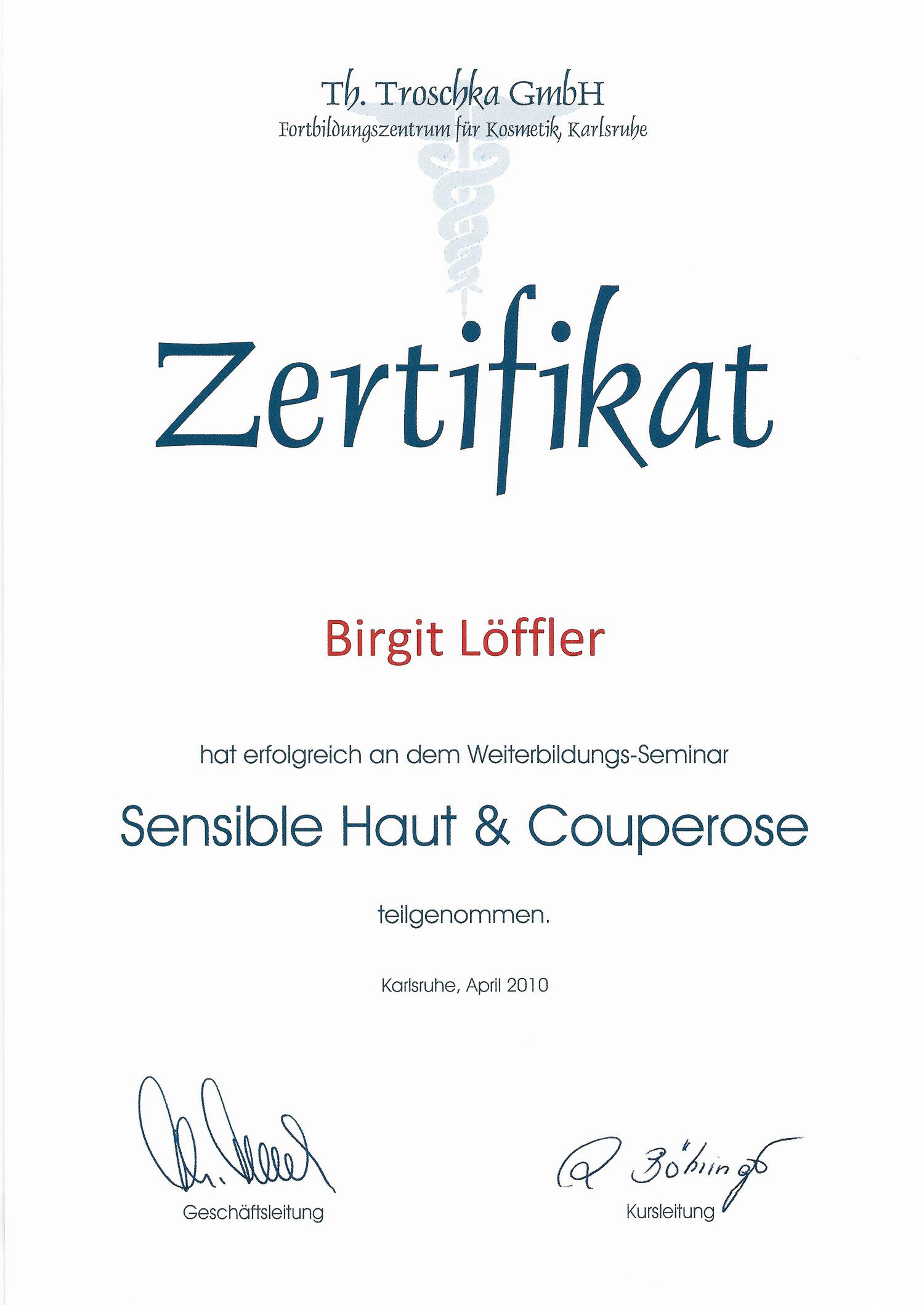 Sensible Haut & Couperose - Zertifikat von Kosmetikerin Birgit Löffler