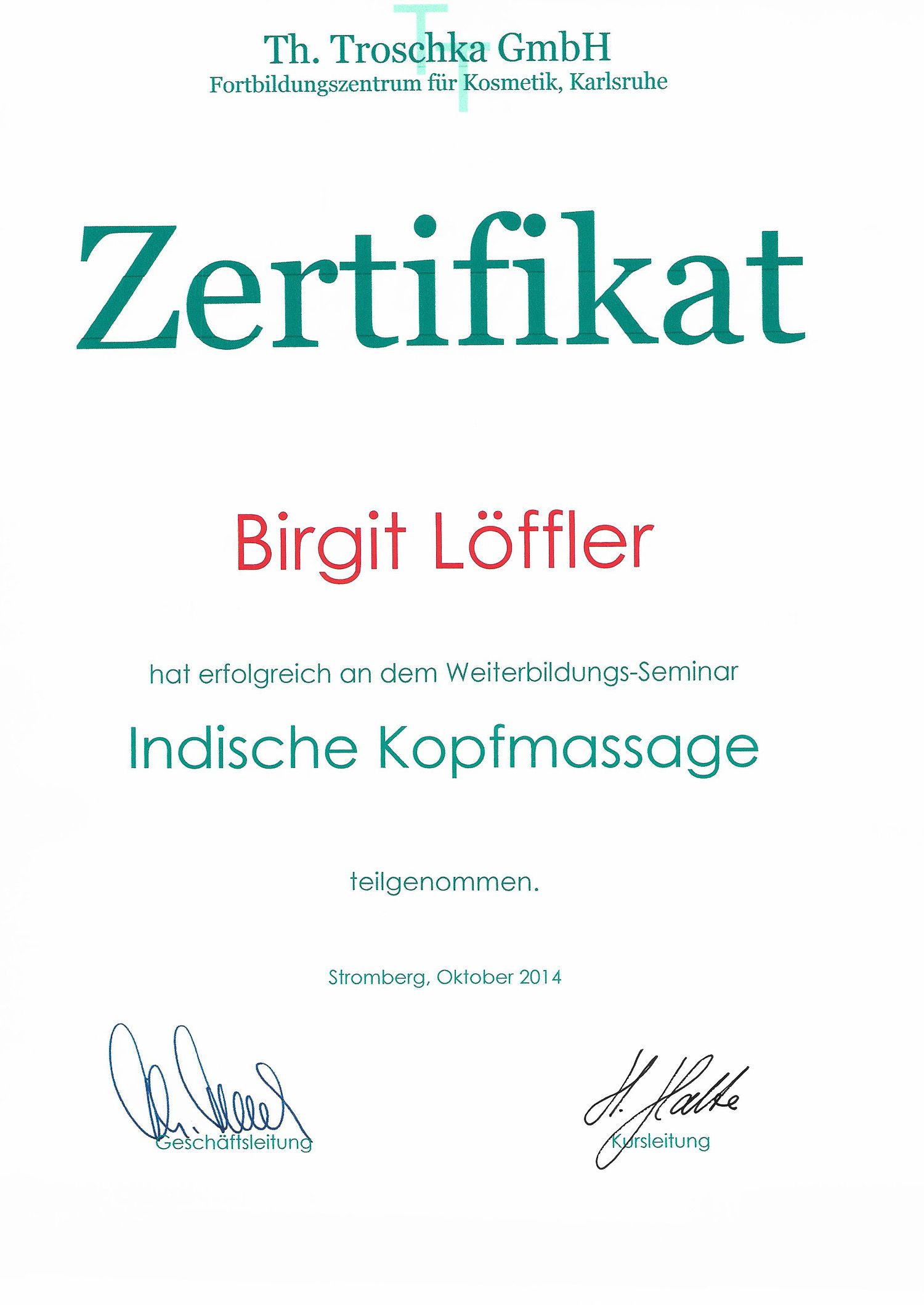 Indische Kopfmassage - Zertifizierung für Kosmetikerin aus Lauterbach und Grebenhain, Nidda - Birgit Löffler