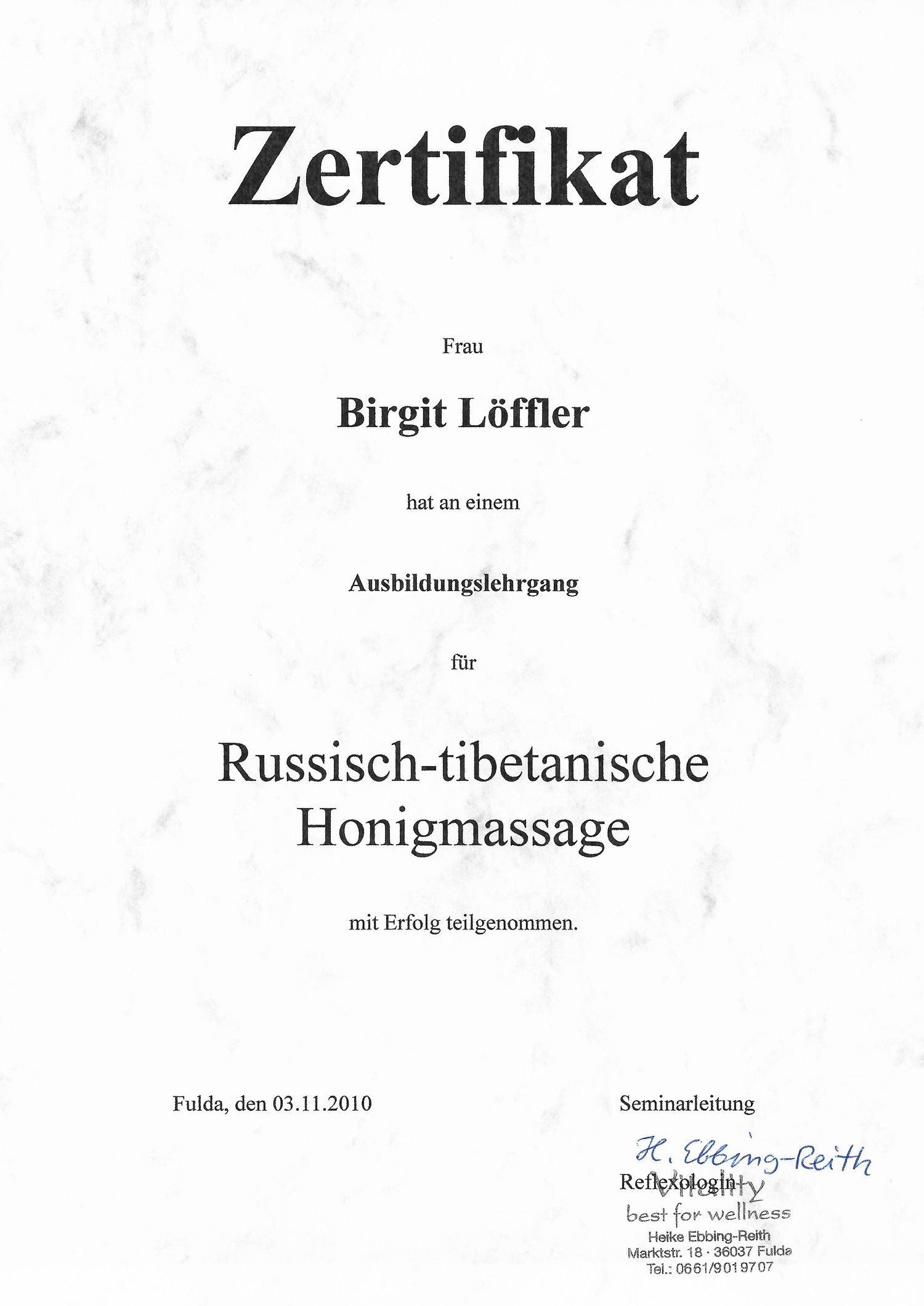 Zertifikat Birgit Löffler Kosmetikstudio im Vogelsberg Grebenhain