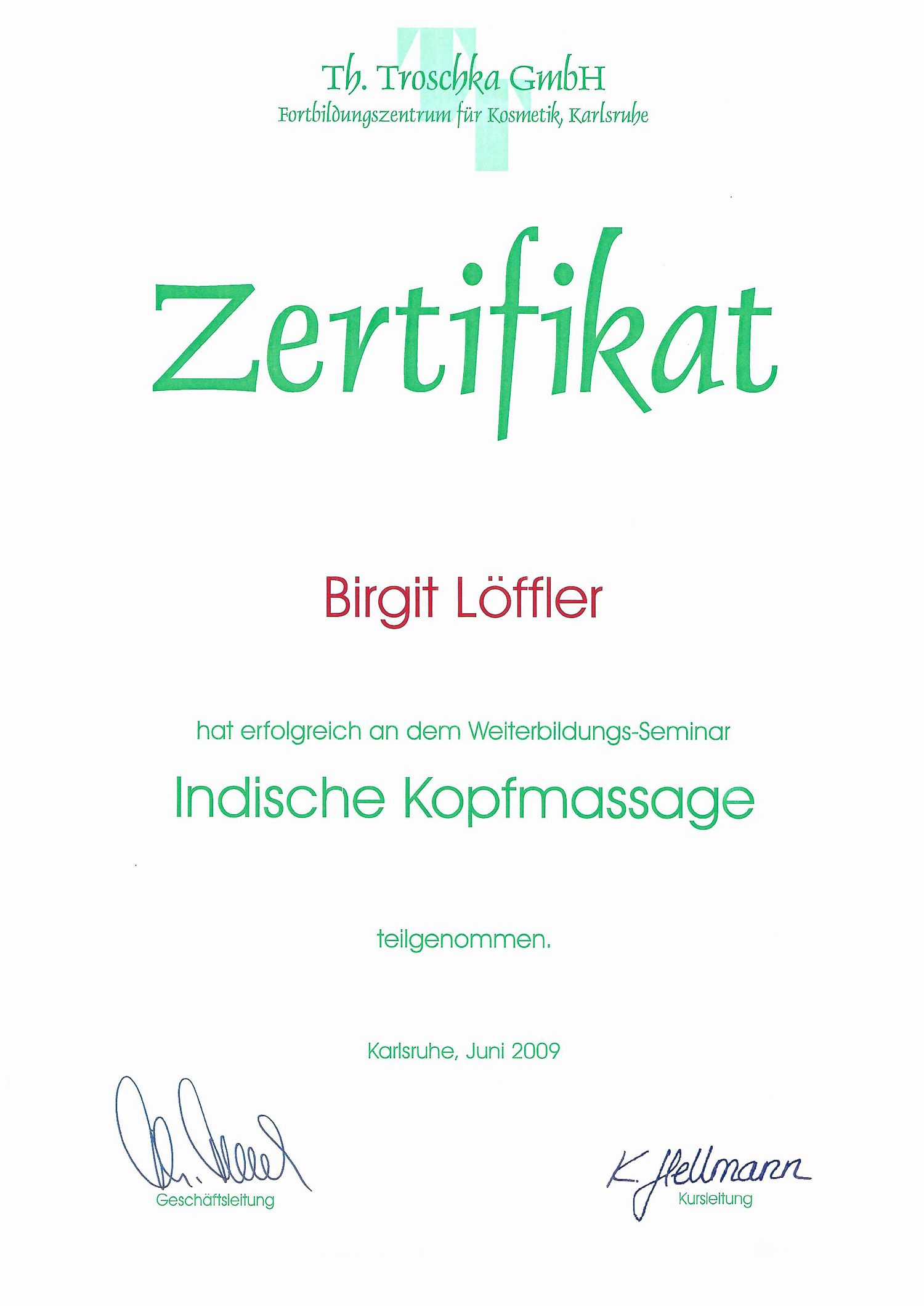 Indische Kopfmassage in Lauterbach, Nidda, Schotten - Zertifikat von Birgit Löffler Kosmetikerin