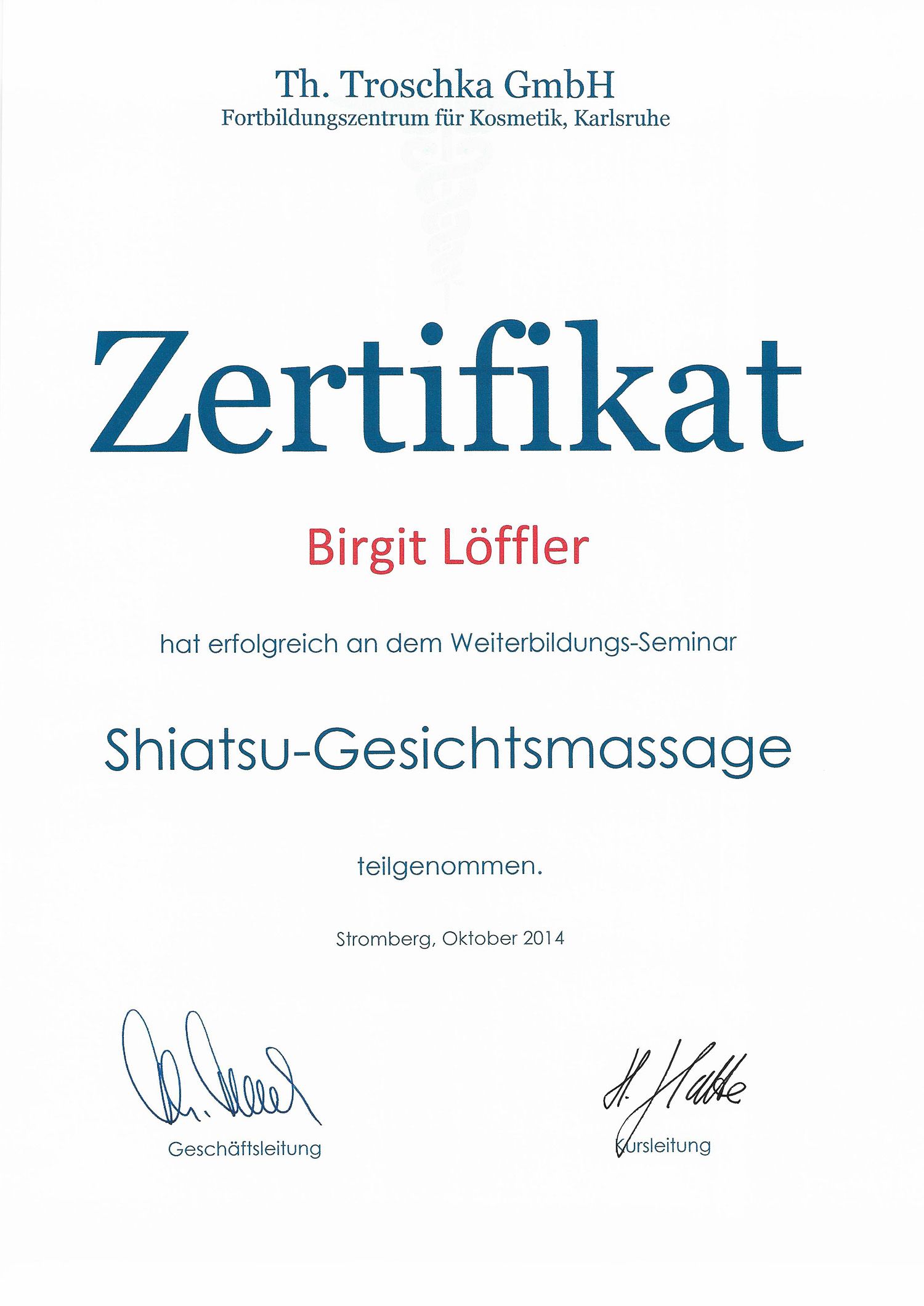 Shiatsu Gesichtsmassage Zertifikat von Löffler Birgit