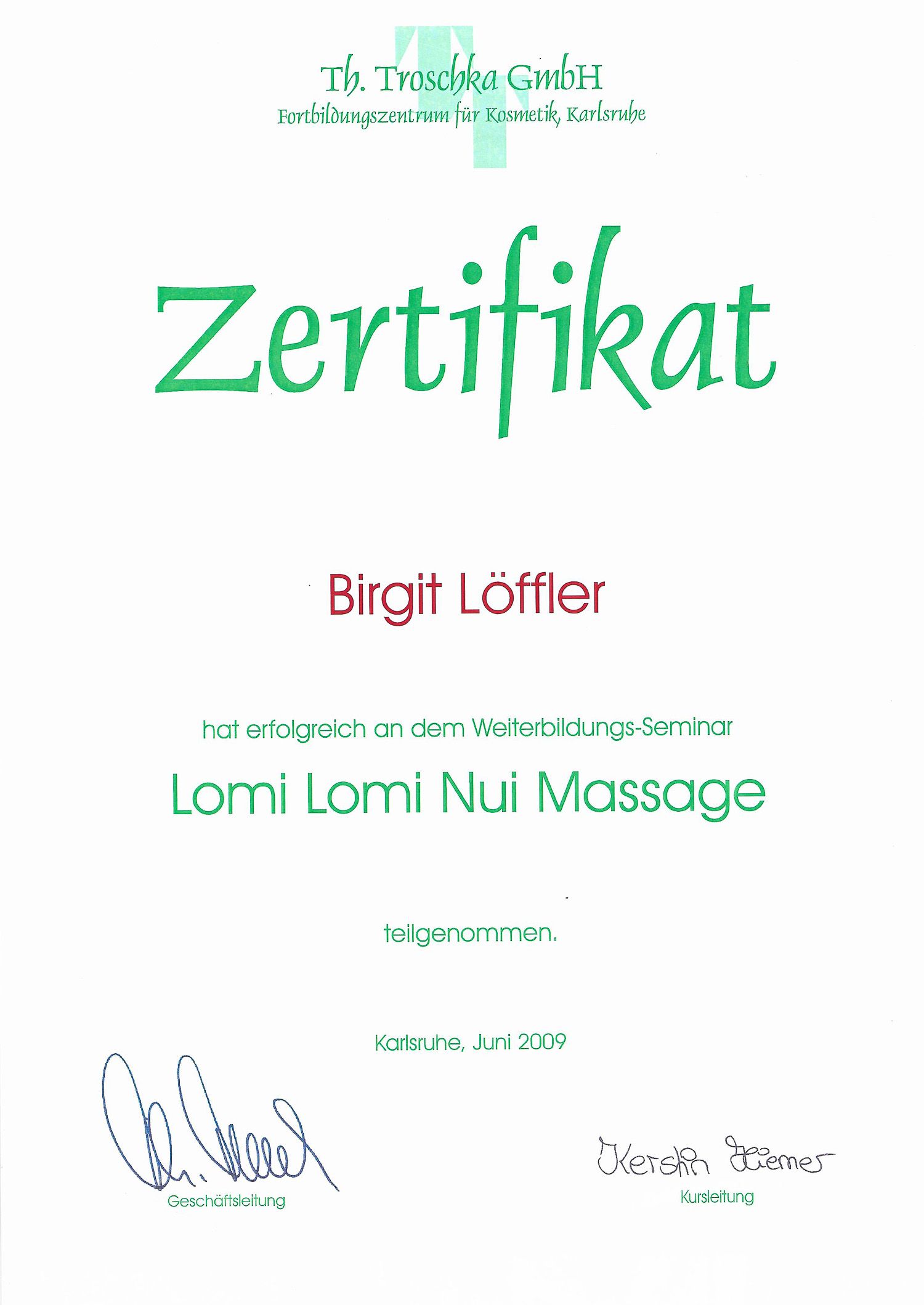 Lomi Lomi Nui Massage Zertifikat von Birgit Löffler der Kosmetikerin im Vogelsberg